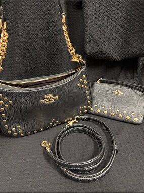 Coach Teri Black Pebble Leather Gold Studded Shoulder Bag w/ matching Card Case